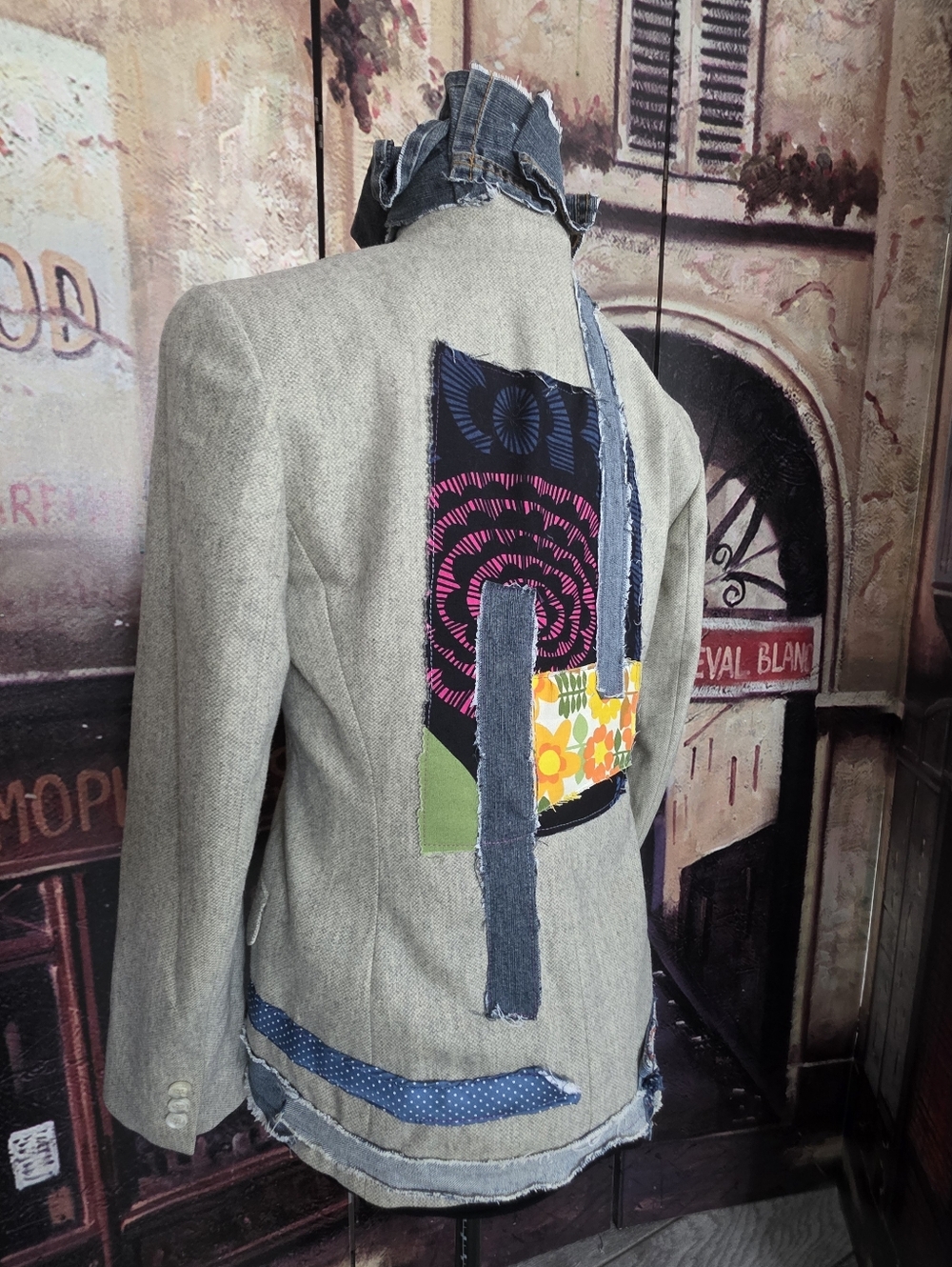 Upcycled Gray Women's FitteWool And Cashmere Blazer Jacket with Patchwork Detail